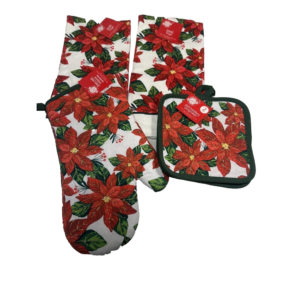 christmas‎ house kitchen set 2 towels 2 pot holders 1 oven mitt